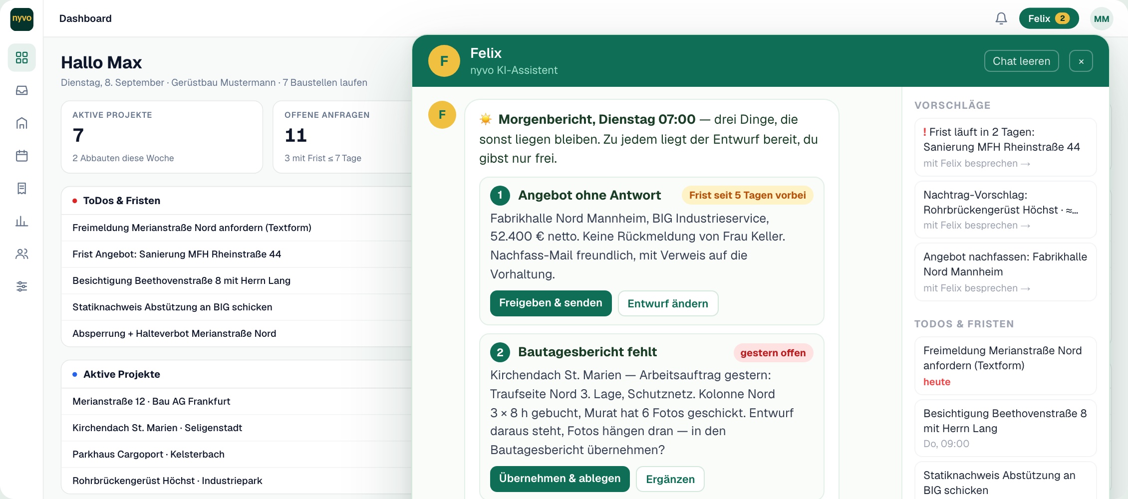 Chat-Ausschnitt vor einem Dashboard: Morgenbericht mit drei Punkten, die sonst liegen bleiben, jeweils mit fertigem Entwurf und Freigabe-Knopf