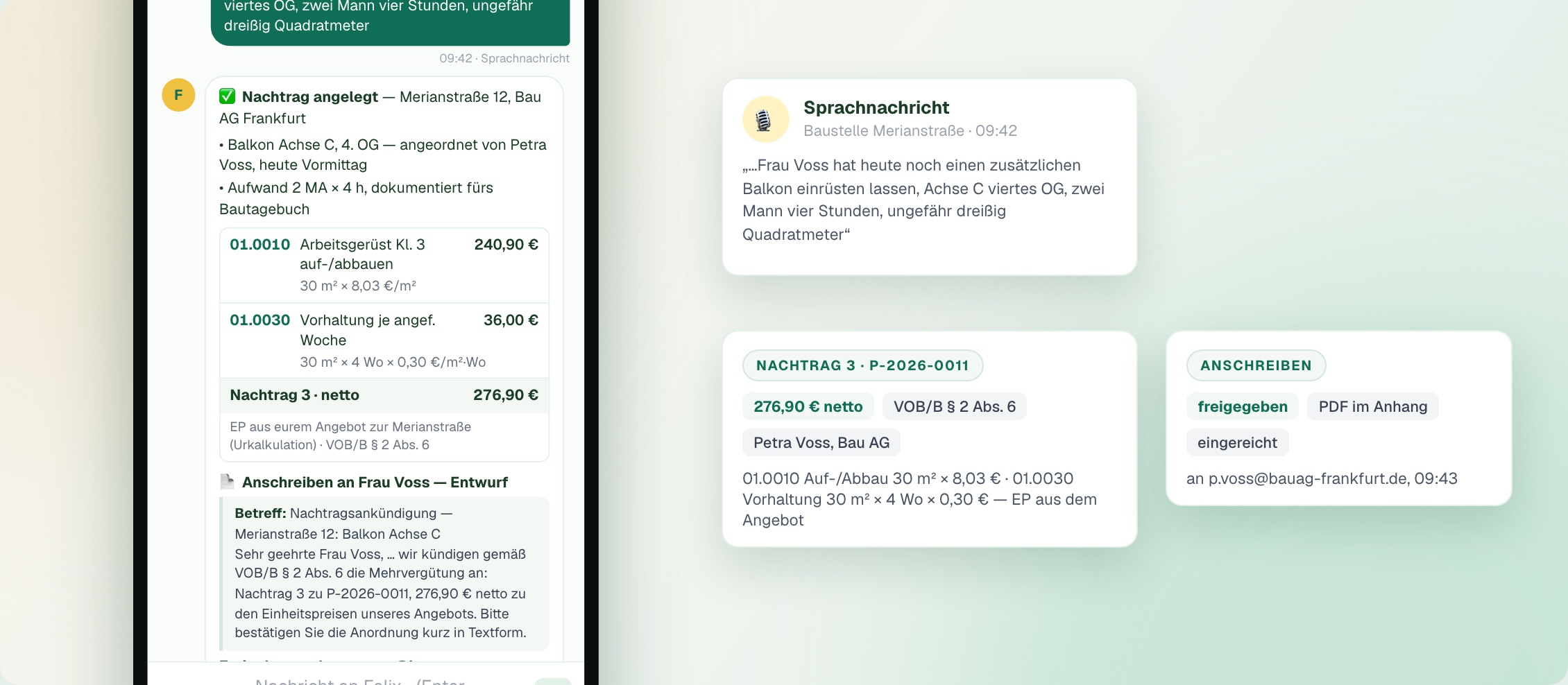 Chat-Ausschnitt auf dem Handy: Sprachnachricht von der Baustelle, die KI legt den Nachtrag an, formuliert das Anschreiben und fragt nach der Freigabe